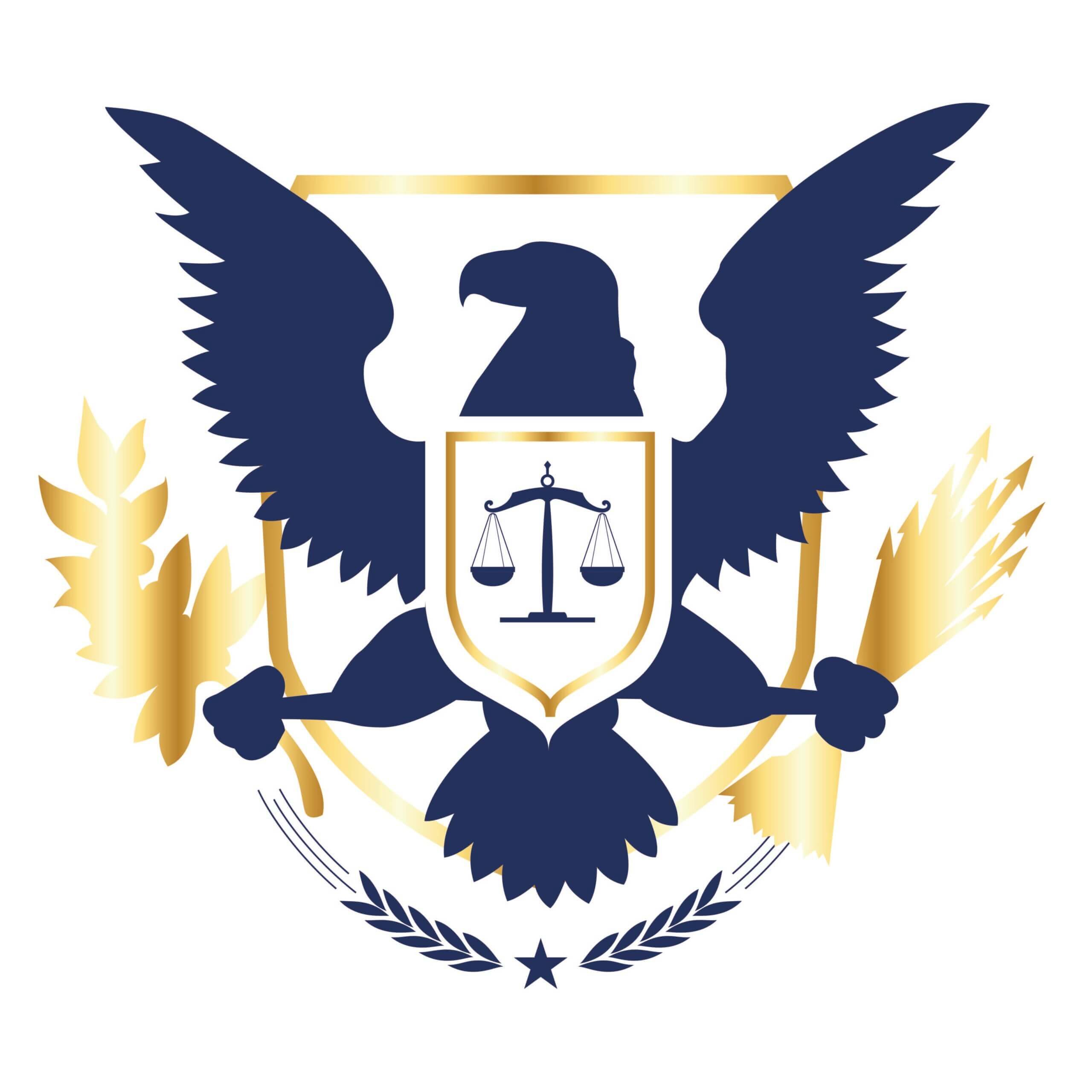 A blue eagle holding a golden scale and branches symbolizing justice and authority.